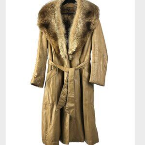 Beige Leather Trench Coat with Real Fur Collar and Belt